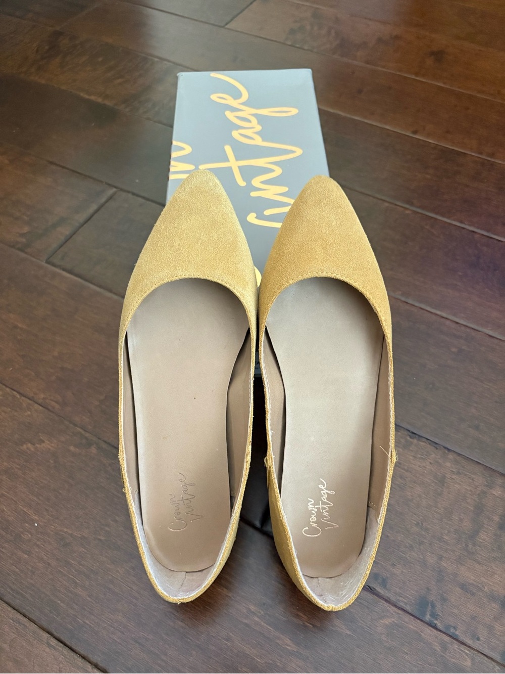 Crown Vintage Dalton Pointed Toe Flats in Mustard Yellow Suede Leather Uppers